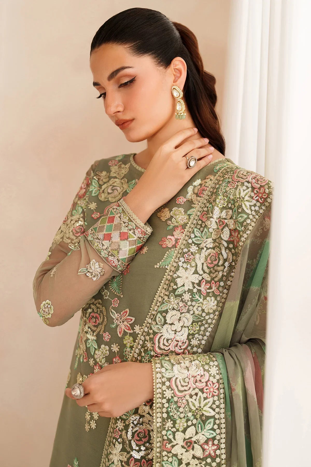 Designer Suit Olive Dazzle  3-Piece Formal Suit Ready To Wear