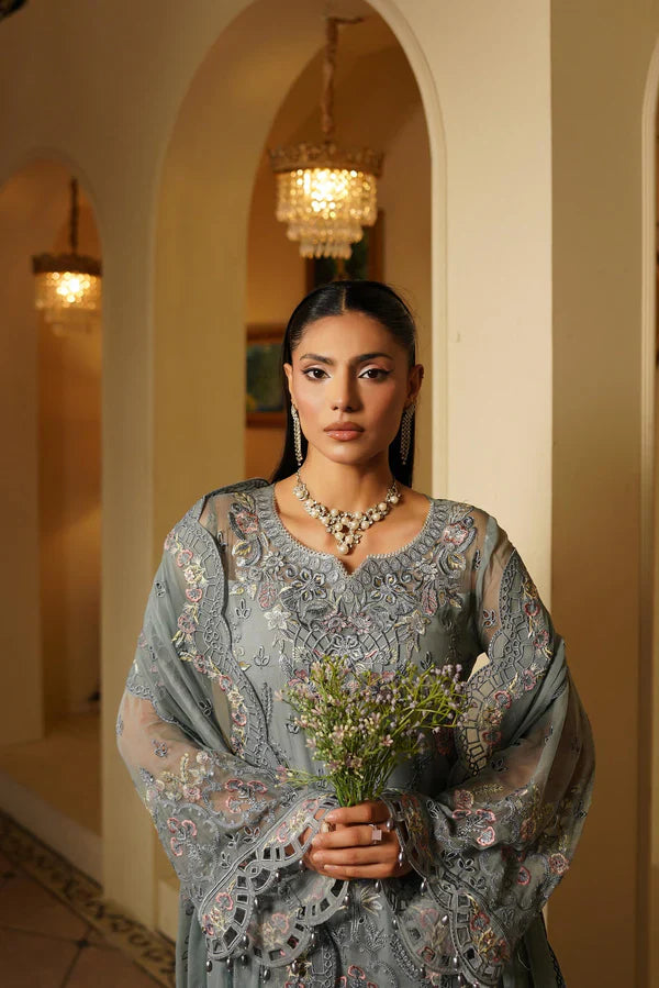 Designer Suit Navy Embroidered Chiffon Three-Piece Ready To Wear
