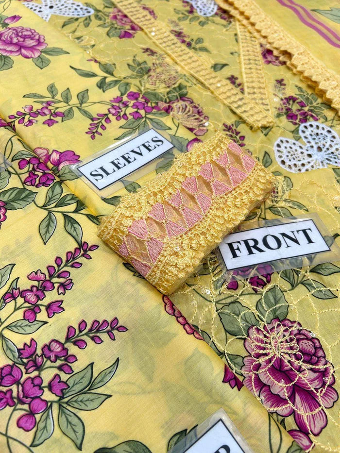 3-piece lawn suit embroidered, printed back and sleeves, and a printed chiffon dupatta Ready To Wear 